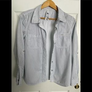 Seven7 white button up white blouse with navy stripes.